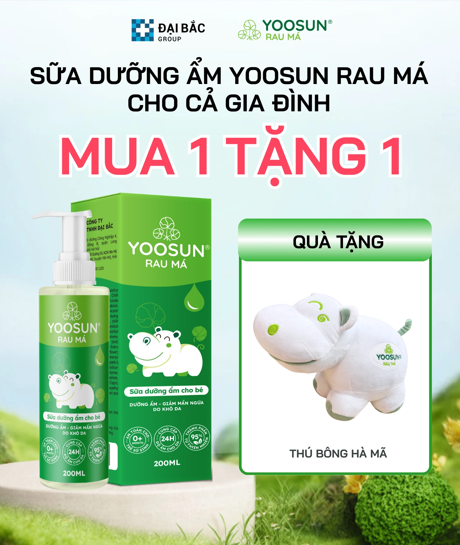 Mua sữa dưỡng ẩm Yoosun rau má 200ml tặng ngay 1 Thú Bông Hà Mã SIÊU ĐÁNG YÊU!!!