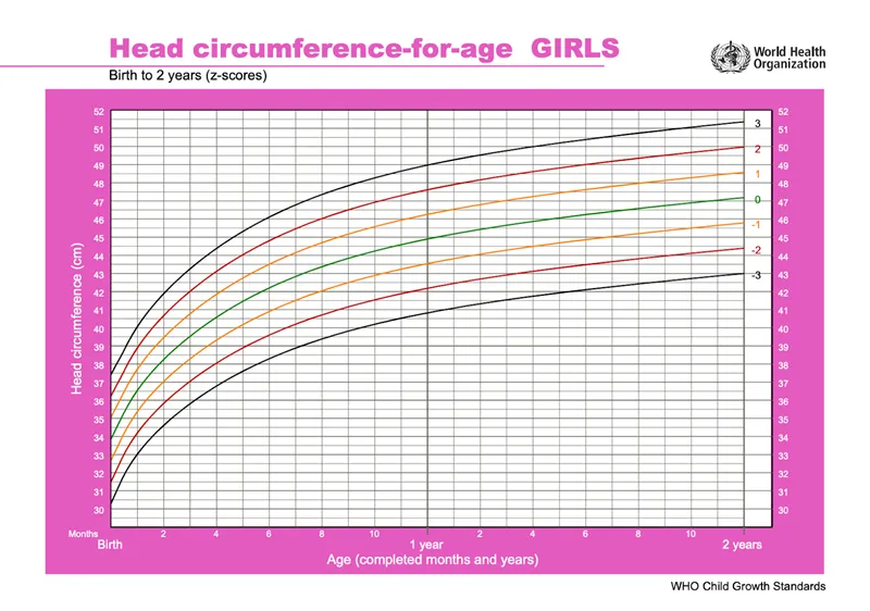 Biểu đồ chu vi vòng đầu cho bé gái theo độ tuổi từ sơ sinh đến 2 tuổi: