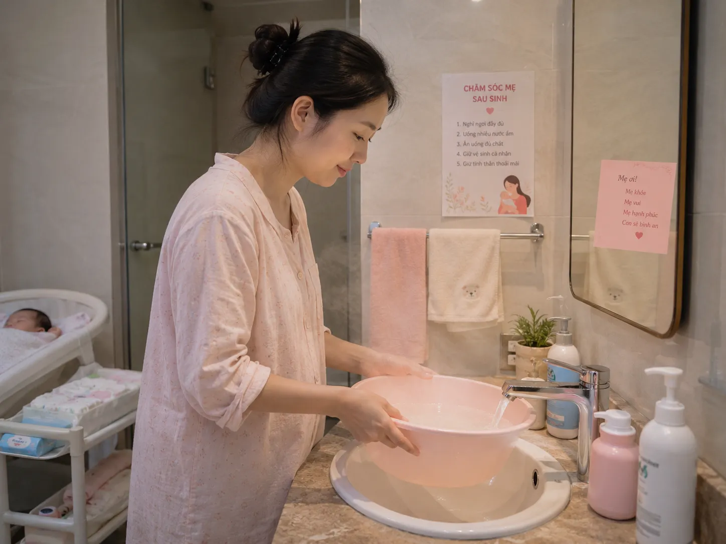 Sau sinh nên rửa mặt bằng nước gì?